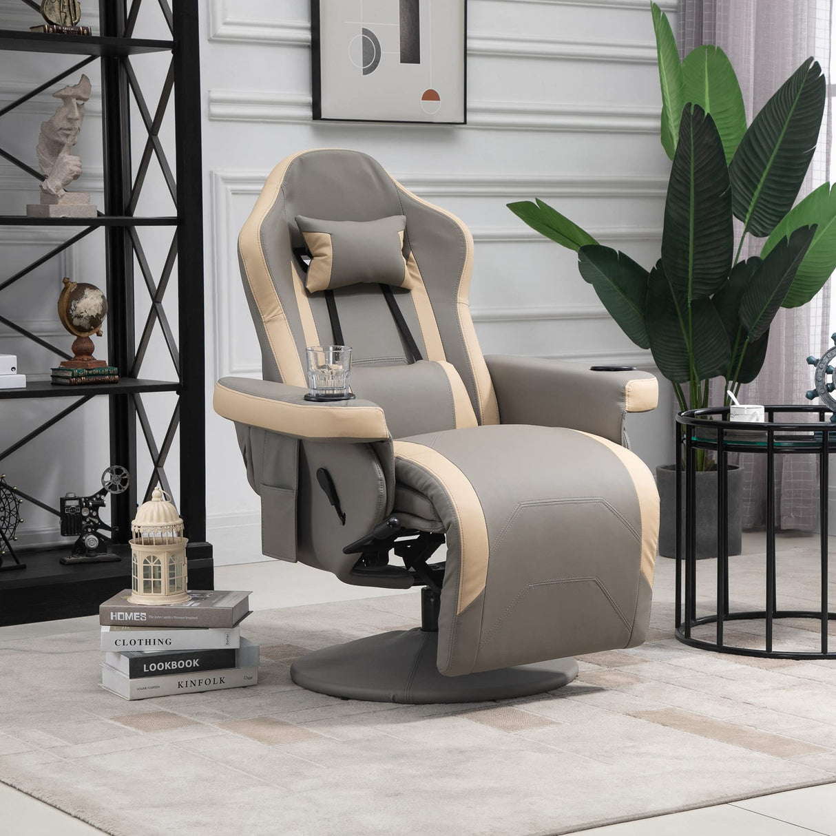HOMCOM Manual Recliner Armchair PU Leather Lounge Chair w/Adjustable Leg Rest, 135° Reclining Function, 360° Swivel, Cup Holder and, Storage Pocket HOMCOM