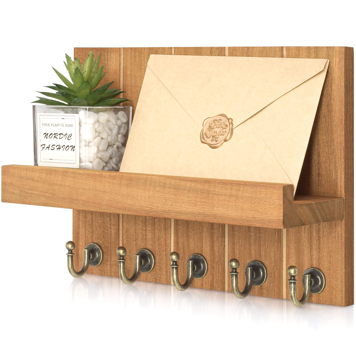 Rebee Vision Farmhouse Key Holder for Wall - Decorative Farmhouse Wall Shelf with Key Hooks and Mail Organizer Wall Mount for Apartment Essentials - Rustic Living Room Decor (Light Brown) Rebee Vision