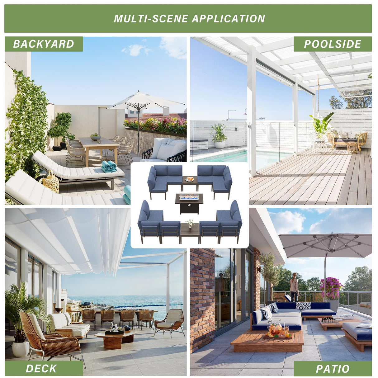 ASJMR Patio Furniture Set,15 Pieces Modern Outdoor Conversation Set w/43in Gas Fire Pit Table, Outdoor Metal Sectional Sofa with 55000 BTU Propane Fire Pit ASJMR