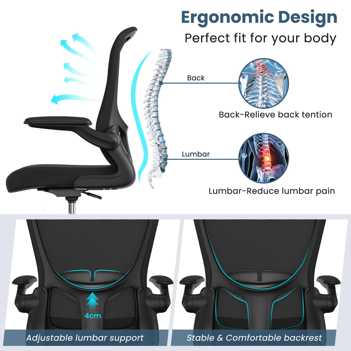 Drafting Chair, Tall Office Chair with Flip-up Armrests Executive Ergonomic Computer Standing Desk Chair, Office Drafting Chair with Lumbar Support and Adjustable Footrest Ring Silybon