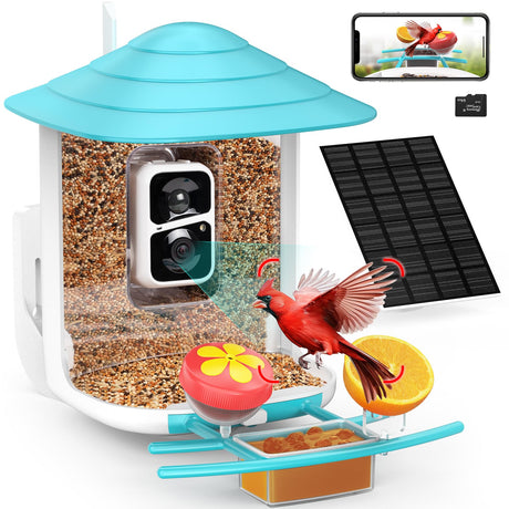 birdsnap Smart Bird Feeder with Camera+Solar Panel 64G SD Card 6-in-1 Perch, 160°View Auto Capture Bird Videos 1080P, AI Identify 10000+ Species Bird birdsnap