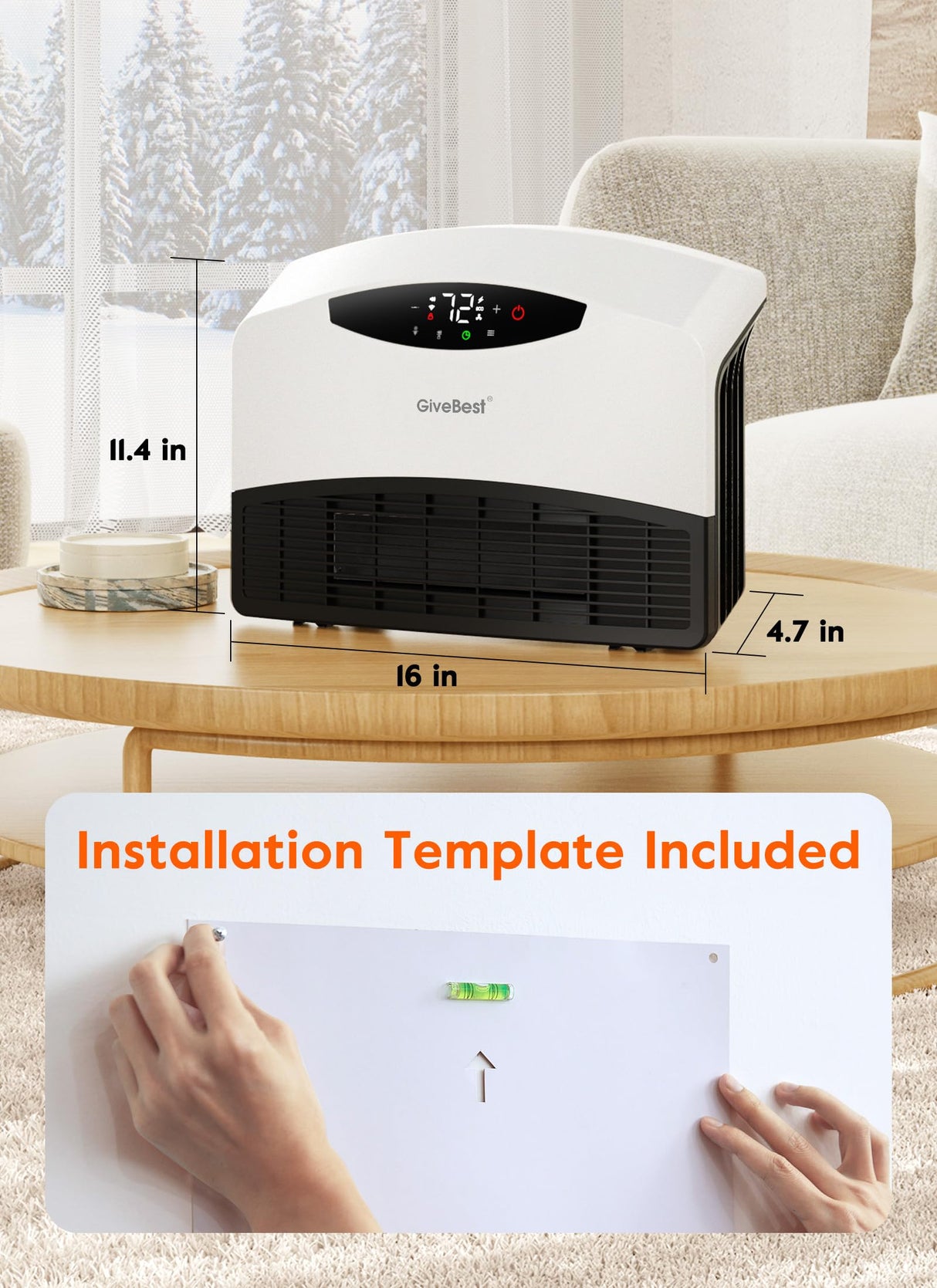 GiveBest Electric Wall Heater with WiFi and Remote Control, Floor or Wall Mounted Heater, Large Room Coverage, 3 Heating Modes, 1500W Fast Heating Space with Thermostat for Indoor Room Use GiveBest