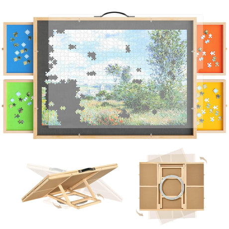 DWVO 2 in 1 Puzzle Board with Drawers, 1000 Pieces Tilting Puzzle Board with Spinning Lazy Susan, Rotating Puzzle Table with Drawers and Cover, Wooden Jigsaw Puzzle Table for Puzzle Enthusiasts DWVO