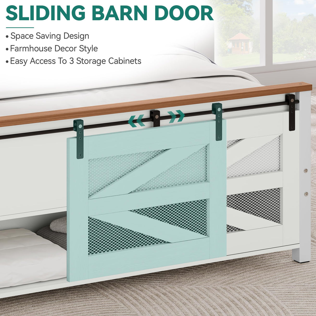 YITAHOME Farmhouse Queen Size Bed Frame with Sliding Barn Door Storage Cabinets, Farmhouse Platform Bed Frame with Headboard Solid Metal Slats Support, Noiseless, No Box Spring Needed, White YITAHOME
