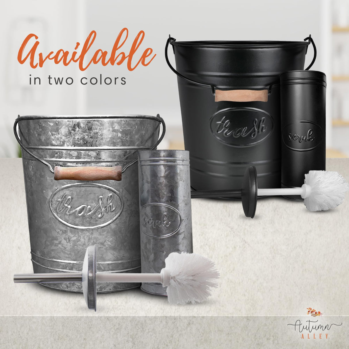 Autumn Alley Farmhouse Bathroom Trash Can and Toilet Brush Set - Rustic Bathroom Accessories for Charming Bathroom Décor, Matte Black Heavy Gauge Metal Autumn Alley