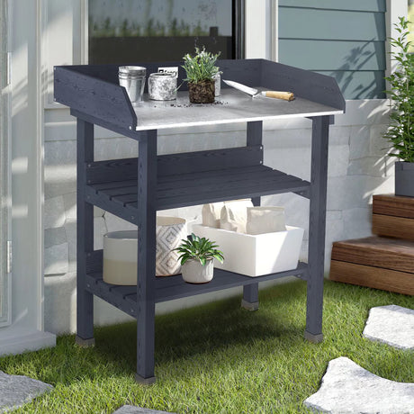 Elevens Potting Bench Tables Outdoor, Potting table Garden Work Station Metal Tabletop Solid Wood Planting Bench with 2 Tier Storage Open Shelf (4 Feet/Grey) Elevens
