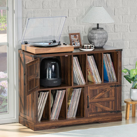 Joaxswe Large Record Player Stand with Vinyl Storage Up to 350 Albums, 39 Inch Farmhouse Wood Brown Walnut Storage Cabinet with Barn Doors, Vintage Mid-Century Turntable Stand for Bedroom, Living Room Joaxswe