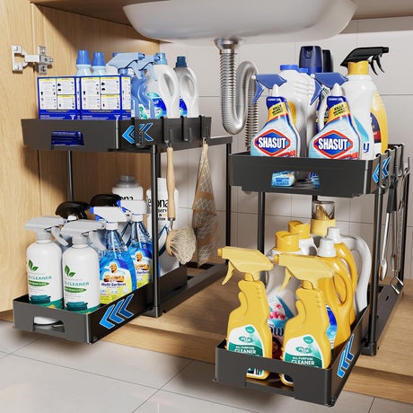 Delamu Under Sink Organizers and Storage, 2 Pack Pull Out Kitchen Bathroom Cabinet Organizer, 2 Tier Black Under Sink Storage for Bathroom Kitchen, Under Counter Storage Organizer with 8 Hooks Delamu