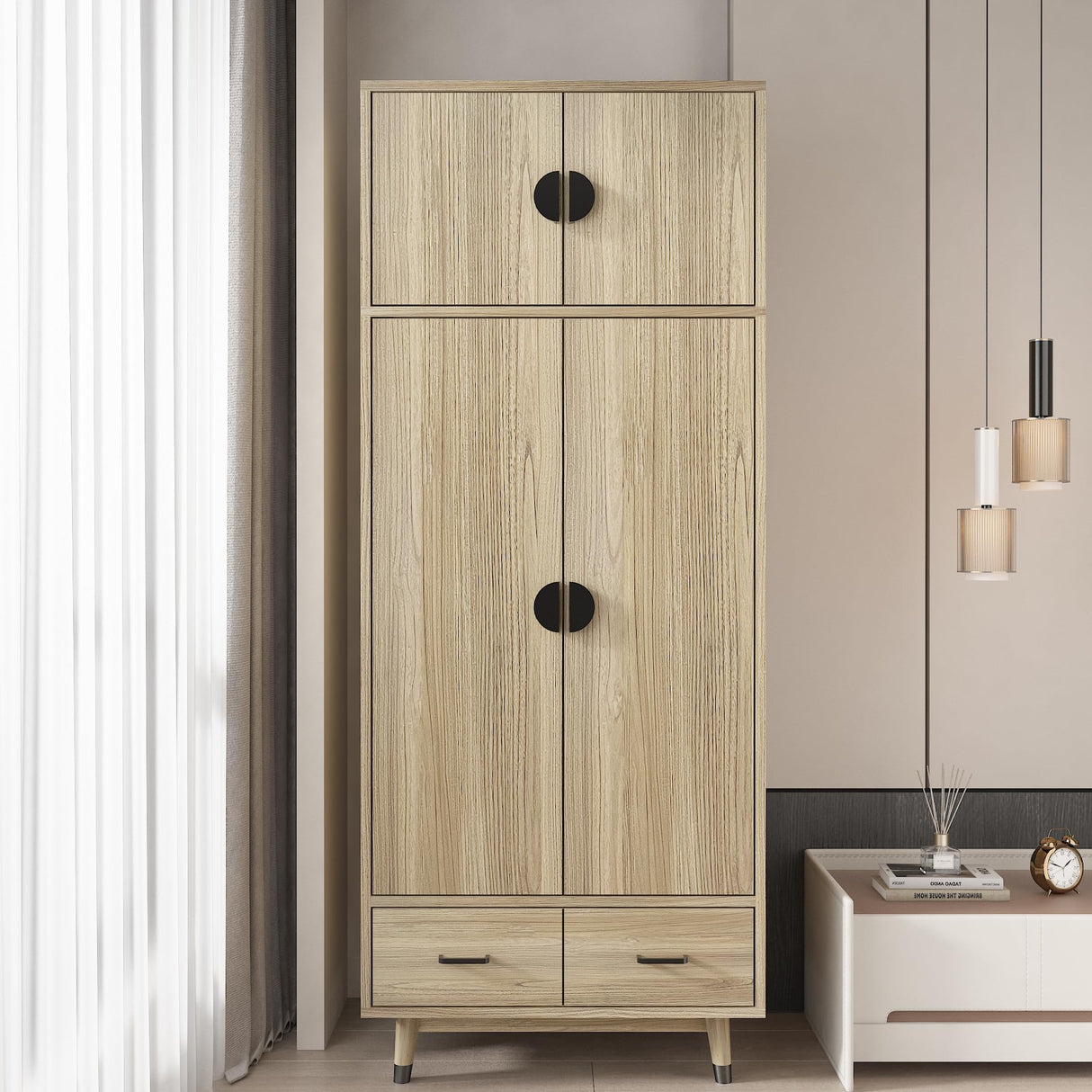 Karl home Armoire Wardrobe Closet 4-Door Storage Pantry Cabinet Modern Wood Closet with 2 Drawers, 2 Adjustable Shelves, Hanging Rod, Freestanding Pantry Cabinet for Bedroom, Oak Karl home