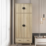 Karl home Armoire Wardrobe Closet 4-Door Storage Pantry Cabinet Modern Wood Closet with 2 Drawers, 2 Adjustable Shelves, Hanging Rod, Freestanding Pantry Cabinet for Bedroom, Oak Karl home