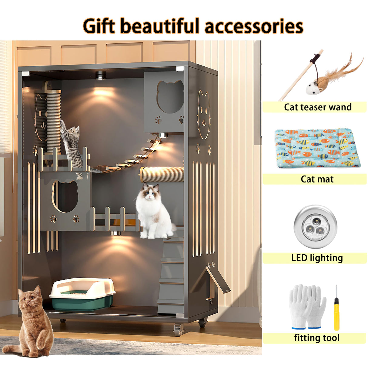 Large Indoor Cat Enclosure, Wooden Large Cat Villa, Indoor/Outdoor Cat Enclosure with Wheels, Multi-Feature Enclosed Cat Houses for Indoor Cats Ventilation Glass Doors, 50" X 36" X 24" HUATOL