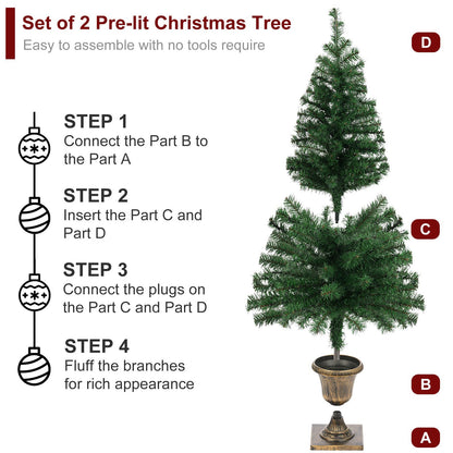 Set of 2 Christmas Trees with Lights 4-FT Artificial Urn Potted Porch Christmas Tree Battery Powered with 8 Modes and Timer for Indoor Outdoor