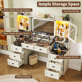 jiteentarou 60" Large Farmhouse Vanity Desk with LED Mirror, Lights and Charging Station, Glass Top Makeup Vanity Table w/8 Drawers, LED Glass Storage Cabinet, Dressing Table for Bedroom, Rustic White jiteentarou