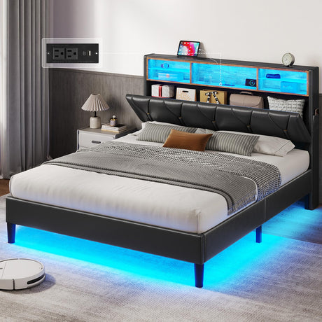 HAUOMS LED Full Bed Frame with Type-C & USB Charging Station, Full Size Bed Frame with Storage Headboard, Modern Pu Leather Platform Bed with Shelf Headboard, Easy Assembly, Noise-Free, Black HAUOMS