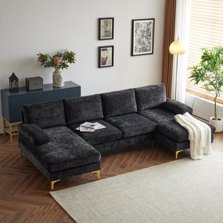 Karl home Convertible Sectional Sofa 110" U-Shape Sofa Couch 4-Seat Couch with Chaise ChenilleFabric Upholstered for Living Room, Apartment, Office, Black Karl home