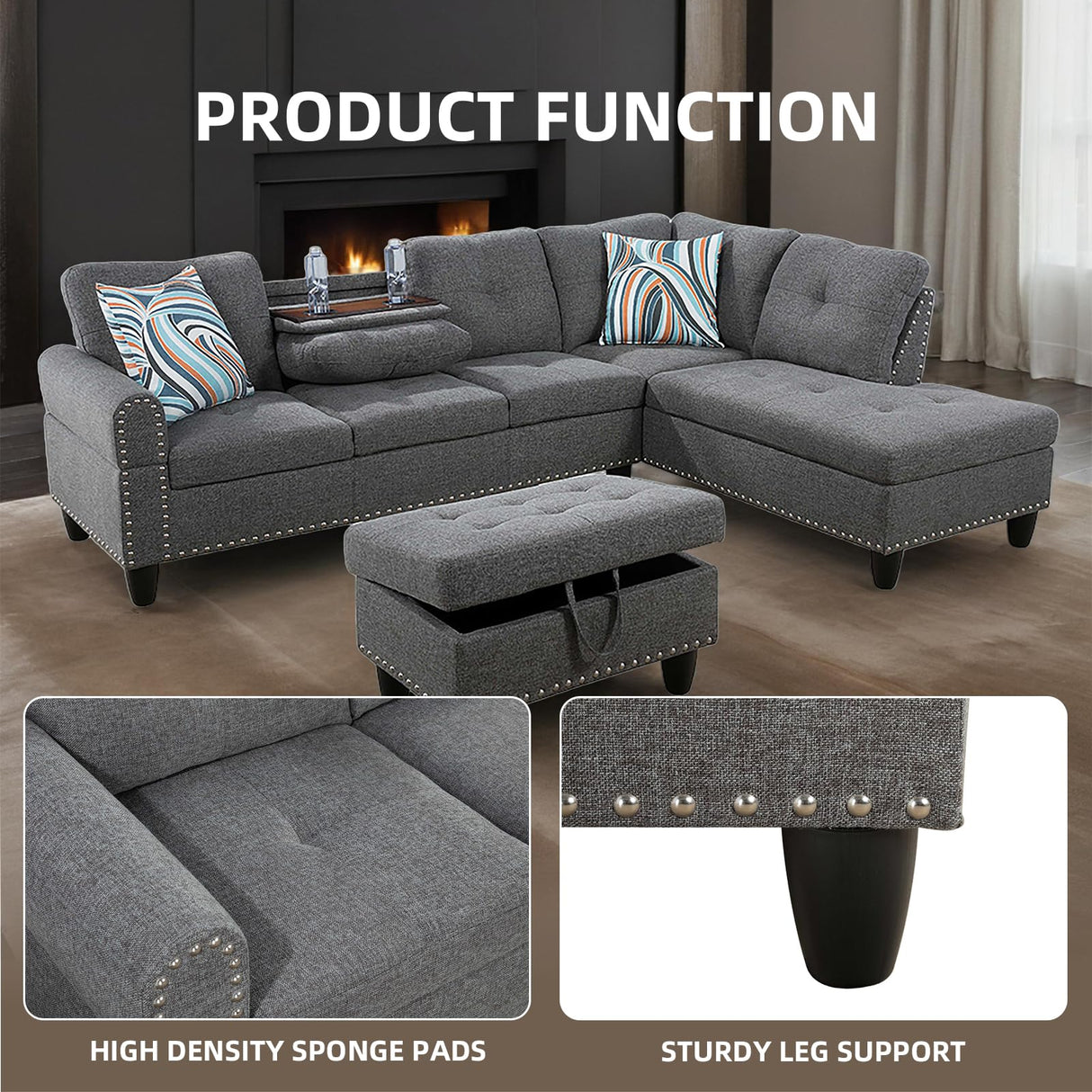 GlasFlength L Shaped Sectional Sofa with Ottoman, Nail-Head Design Leather Right Facing Modern Couches with Cup Holder for Living Room, Bedroom, Office, Black Leather GlasFlength