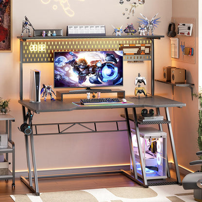 Gaming Computer Desk with Power Outlets, Gaming Desk with Hutch and LED Lights, Reversible PC Gaming Desk with Pegboard, Carbon Fiber Black, 47" - WoodArtSupply