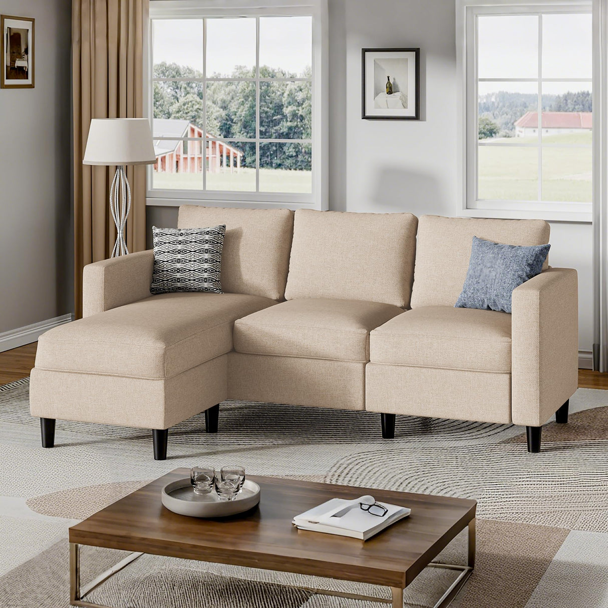 Shintenchi Small Sectional Sofa Couch,3 Seat L Shape Sofas with Ottoman,Upholstered Fabric Convertible Sofa Couches,Small Couches for Apartments, Living Room and Office (Beige) Shintenchi