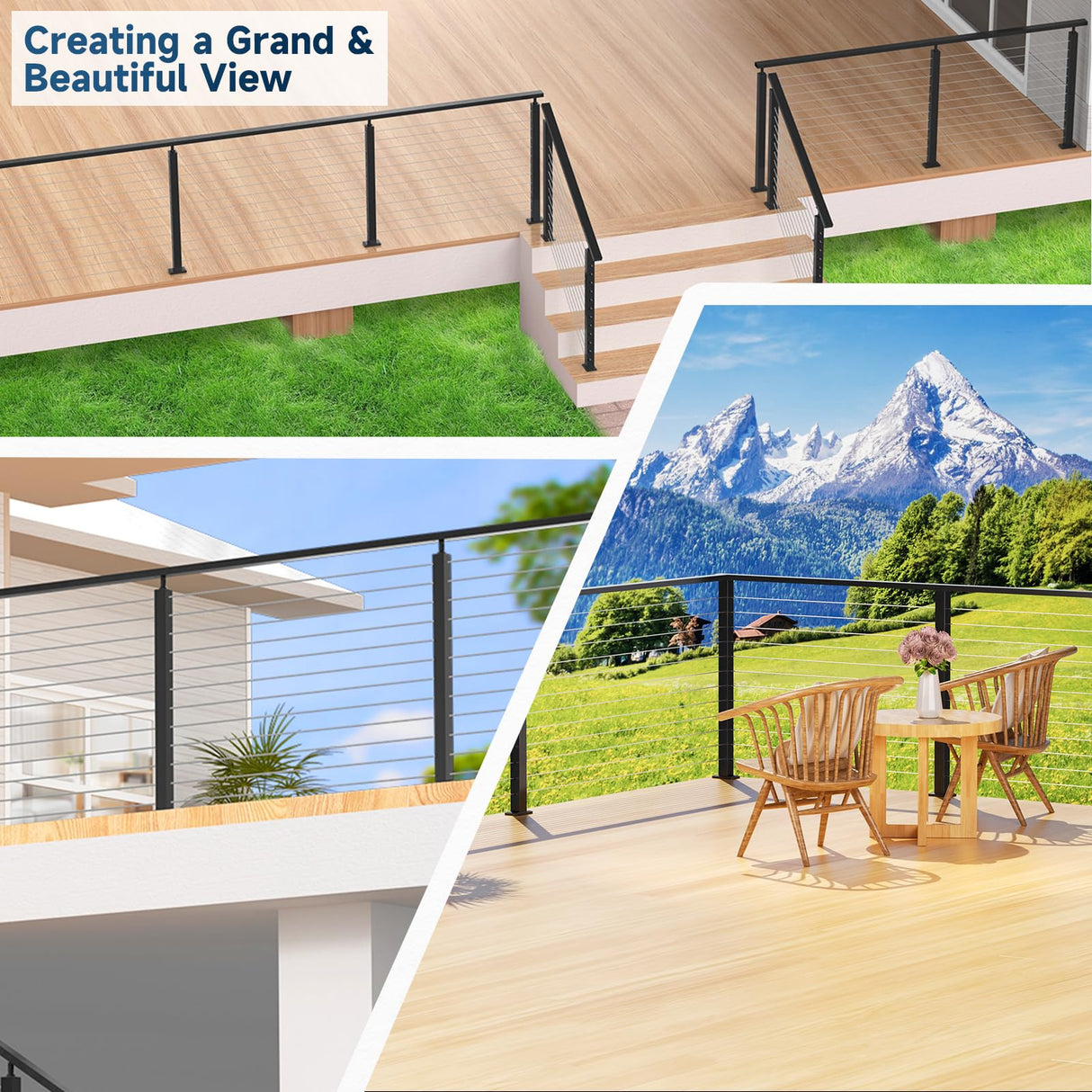 Gyykzz 36" One-Stop Cable Railing Post Kit, 4 Pack Level Drilled Line Post, Adjustable Top Cable Railing System Including 4 Railing Post, 165ft Cable, 10 Sets Terminal, 80 Cable Grommets (No Handrail) Gyykzz