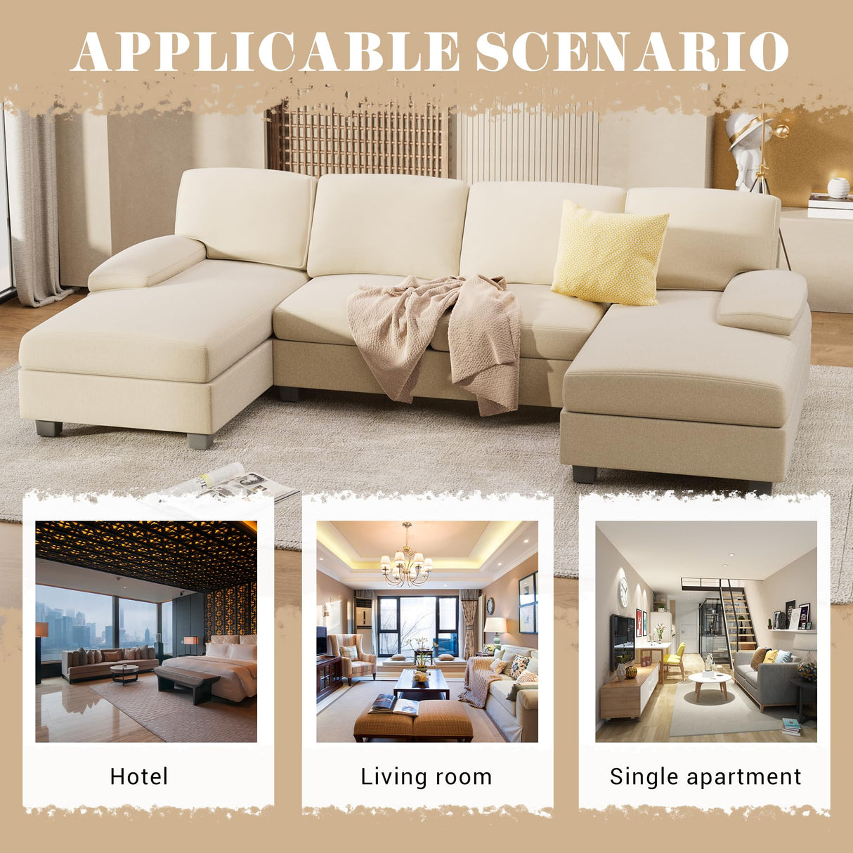 Furniwell Convertible Sectional Sofa Couch, 4 Seat Sofa Set for Living Room U-Shaped Modern Fabric Modular Sofa Sleeper with Double Chaise & Memory Foam (Fabric, White) Furniwell