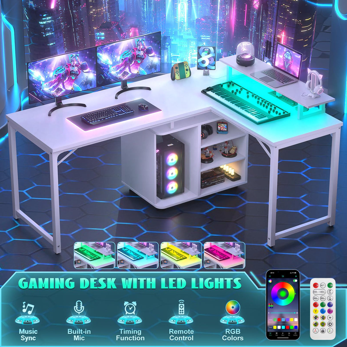 Cyclysio L Shaped Gaming Desk with Wood Cabinet, 58" Large Corner Desk with LED Lights & Power Outlet, Reversible Computer Desk with Monitor Stand, Home Office Desk 2 Person Corner Desk, White Cyclysio