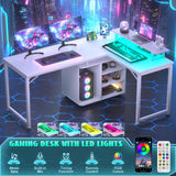 Cyclysio L Shaped Gaming Desk with Wood Cabinet, 58" Large Corner Desk with LED Lights & Power Outlet, Reversible Computer Desk with Monitor Stand, Home Office Desk 2 Person Corner Desk, White Cyclysio