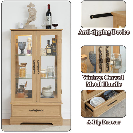 nifoti 47" H Lighted Curio Cabinet Display Case, Glass Cabinets with Adjustable Shelves,Tempered Glass Door and Drawer, Wooden Curio Cabinet with Mirrored Back Pane for Living Room (Light Oak) nifoti