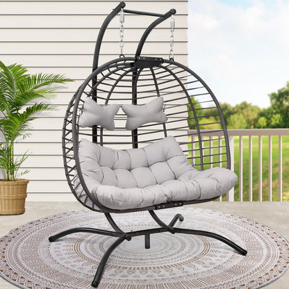 RADIATA 2 Person Wicker Swing Double Egg Chair Luxury Outdoor Patio Wicker Hanging Swing Egg Chairs with Water Resistant Cushions for Patio Backyard Balcony (Large, Gray)