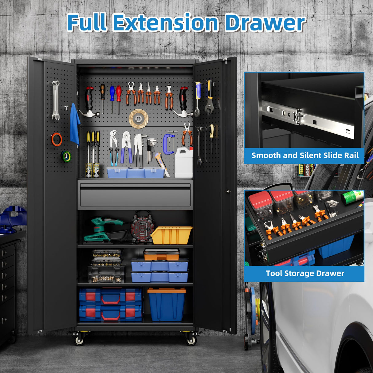 Reemoon 71" H*15" D*30" W Garage Storage Cabinet with Wheels and Doors,Lockable Metal Storage Cabinet with Pegboard Hooks and Drawer for Garage Warehouse Home,Required Assembly,Black Reemoon