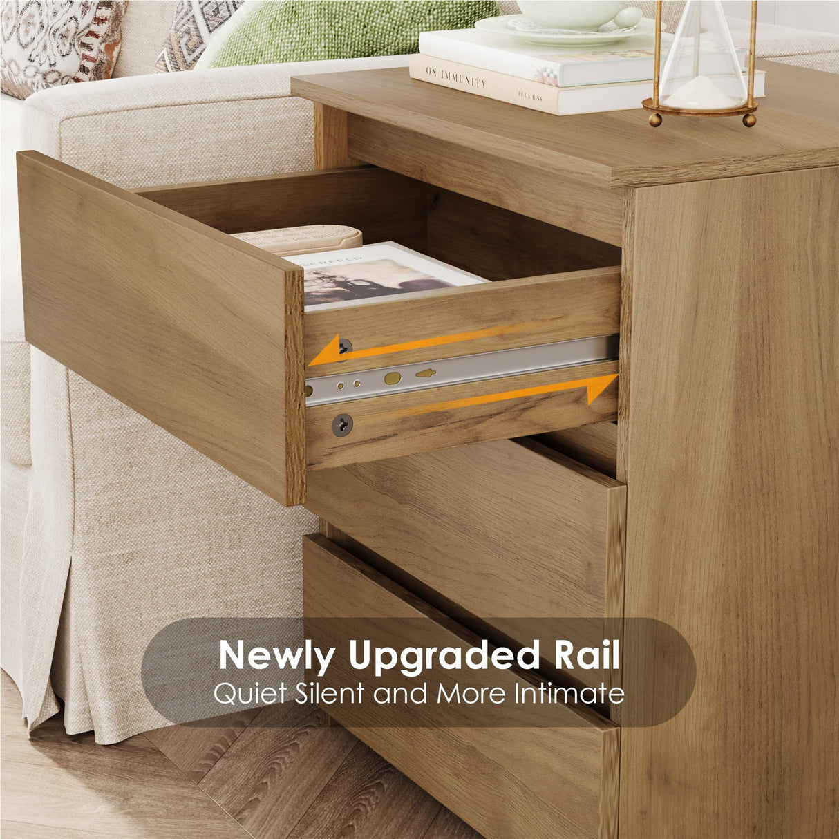 FOTOSOK Nightstand with 3 Drawers, Wood Bedside Table Night Stand for Bedroom with Cut-Out Handle, Sofa Side Table 3 Drawer Nightstand for Bedroom, 17.7W*15D*21.7H, Natural Wooden Grain FOTOSOK