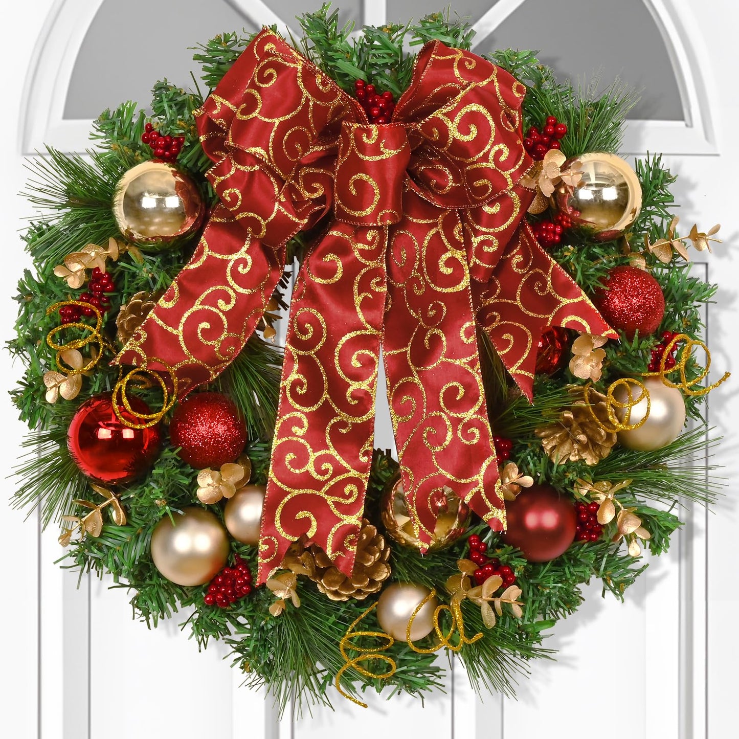 Christmas Wreath Christmas Decorations - 16" Christmas Wreaths for Front Door, Red Bow Christmas Ball Pine Needles Wreath for Home Wall Windows Outdoor Xmas Decor