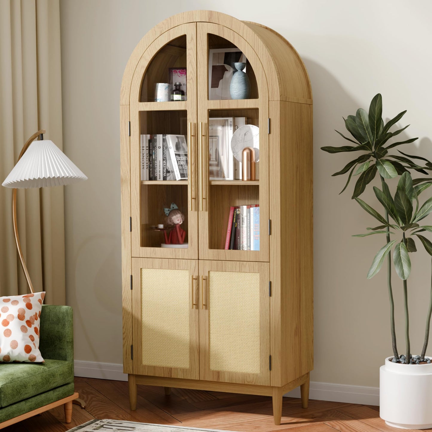 infurnic Arched Storage Cabinet 71”Tall Modern Farmhouse Stylish Kitchen Cabinet with Glass Doors, Solid Wood Legs, and Storage Shelves for Living Room, Dining Room or Office, Oak