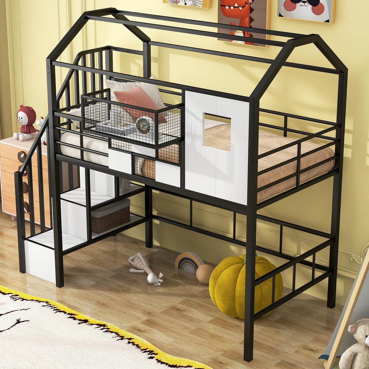Bellemave Twin Loft Bed with Storage Stairs, Roof, Window and Guardrail, House Loft Bed Twin Size/Metal Loft Bed with Storage Box, Twin Loft Bed for Kids, Girls Boys, Twin Size House Loft Bed Black Bellemave
