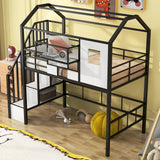 Bellemave Twin Loft Bed with Storage Stairs, Roof, Window and Guardrail, House Loft Bed Twin Size/Metal Loft Bed with Storage Box, Twin Loft Bed for Kids, Girls Boys, Twin Size House Loft Bed Black Bellemave