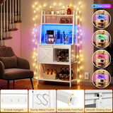 DWVO White Bakers Rack with Power Outlet, LED Light, and Sliding Storage Door - Farmhouse Kitchen Coffee Bar with 4-Tier Shelves and Hooks DWVO