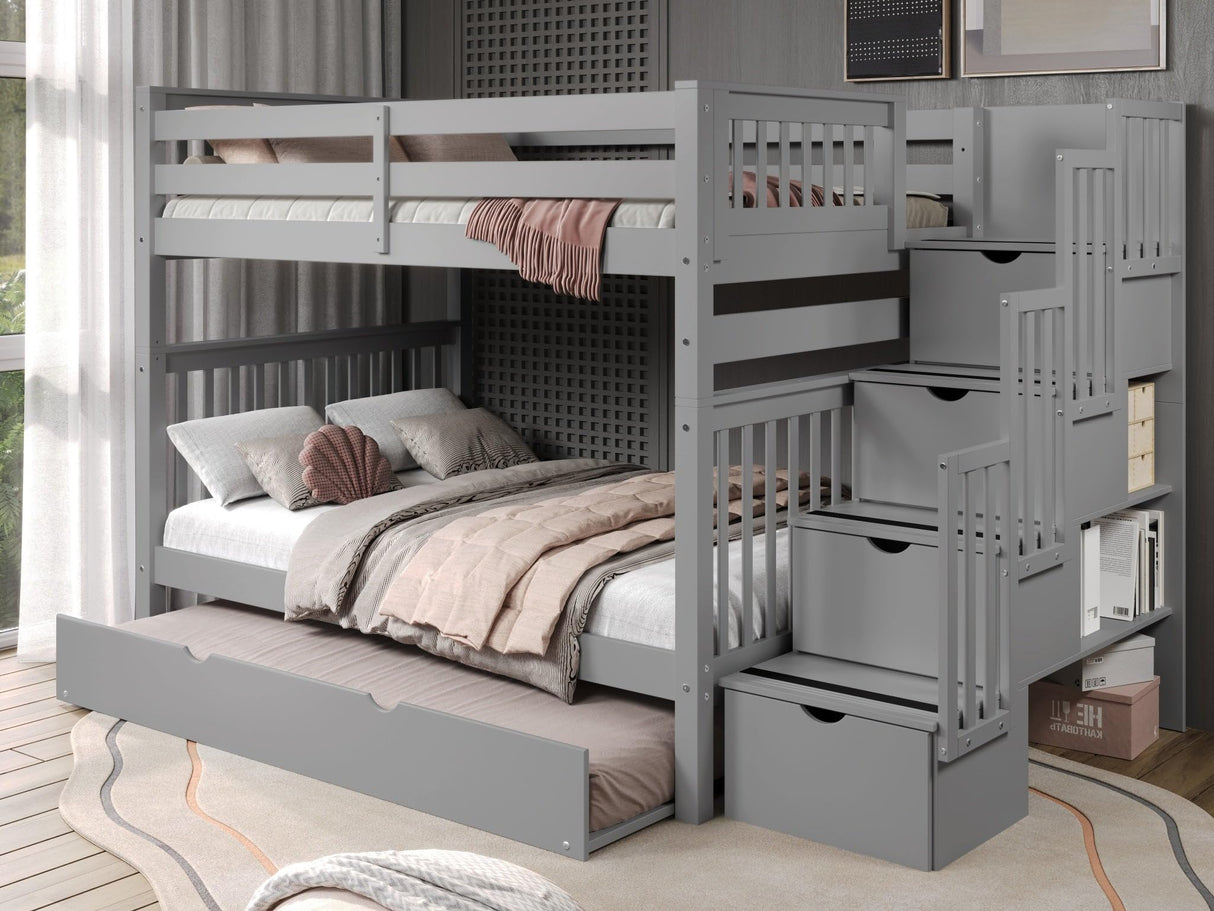 Bedz King Stairway Bunk Beds Full over Full with 4 Drawers in the Steps and a Full Trundle, Gray Bedz King
