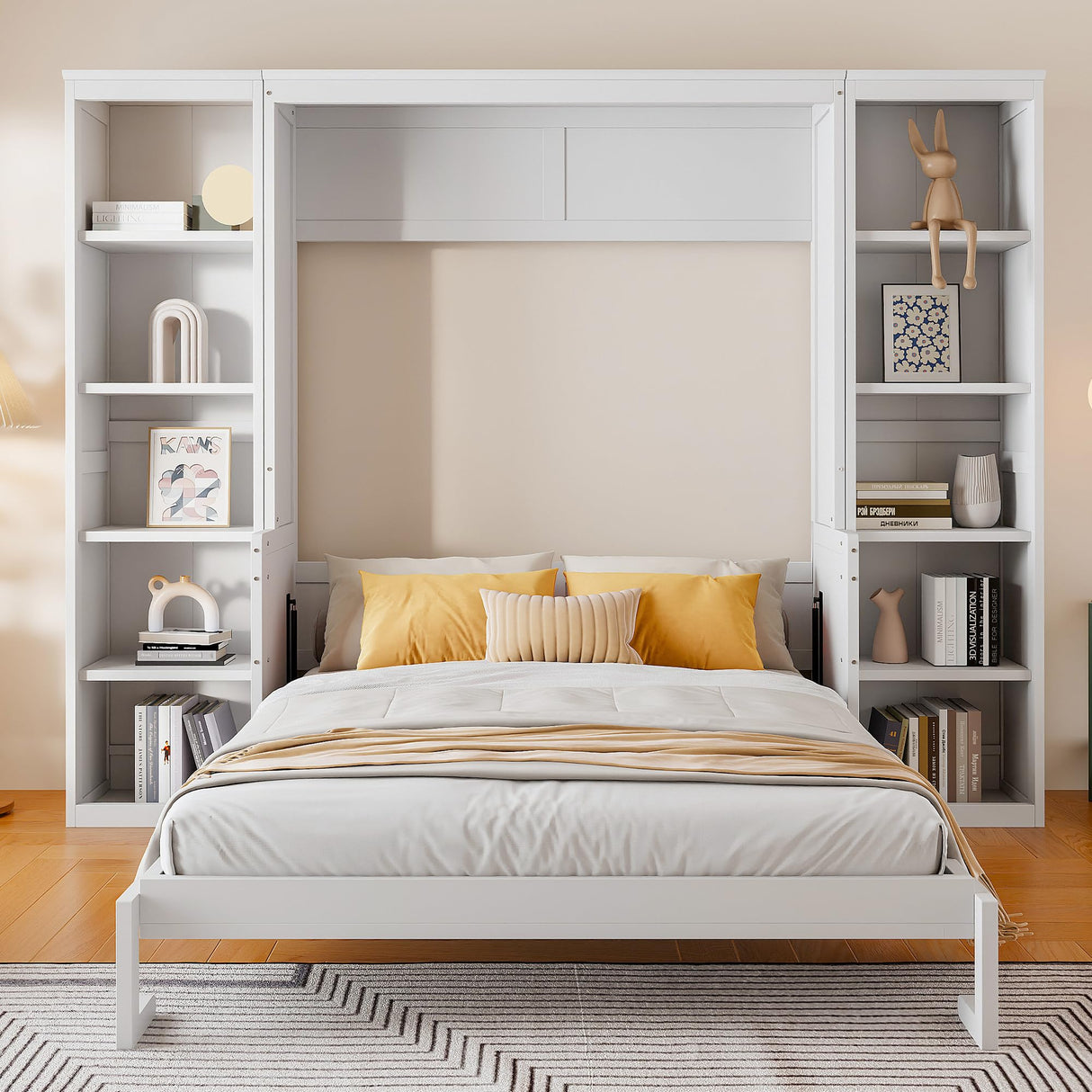 Merax Queen Size Murphy Bed with Desk and Bookshelf, White Merax