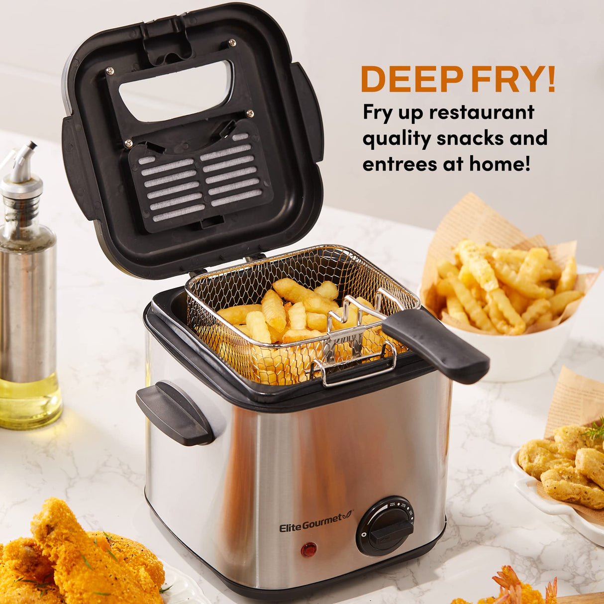 Elite Gourmet EDF1550# Electric 1.5 Qt. / 6 Cup Oil Capacity Deep Fryer, Adjustable Temperature, Removable Basket, Lid with Viewing Window, Stainless Steel Elite Gourmet
