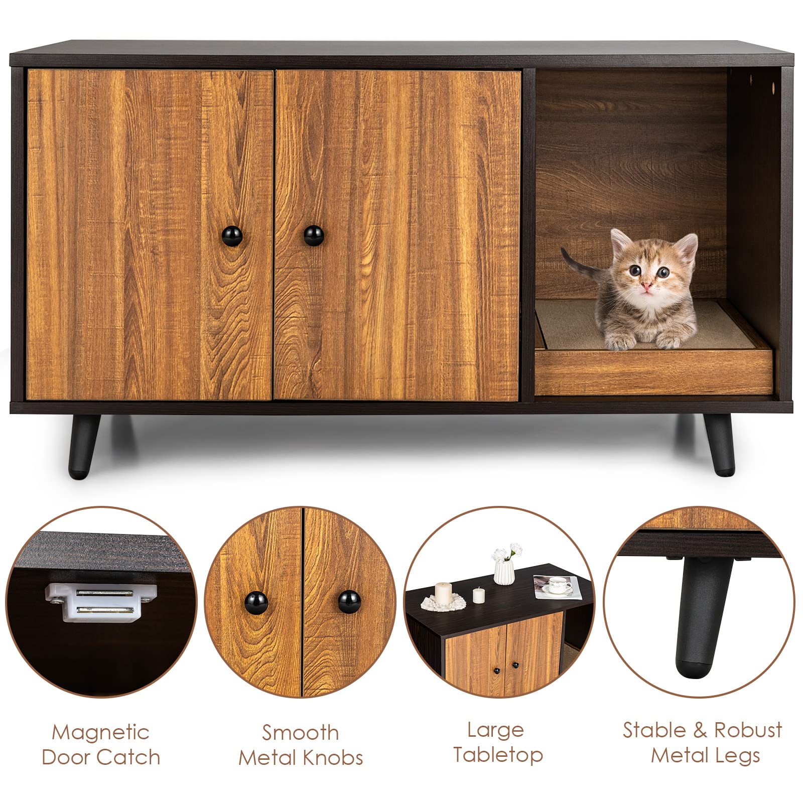 Tangkula Cat Litter Box Enclosure, Cat Washroom W/Divider, Scratching Pad, Metal Leg, Enclosed Cat Box Cabinet Pet House W/Double Doors, Litter Box Furniture Hidden for Large Cat (Walnut & Bl - WoodArtSupply