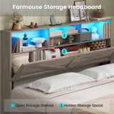 AOGLLATI Farmhouse Full Size Bed Frame with 4 Storage Drawers and Charging Station, Wooden Full Bed Frame with Hidden Space Bookcase Headboard and Led Lights & Metal Slats, Gray AOGLLATI