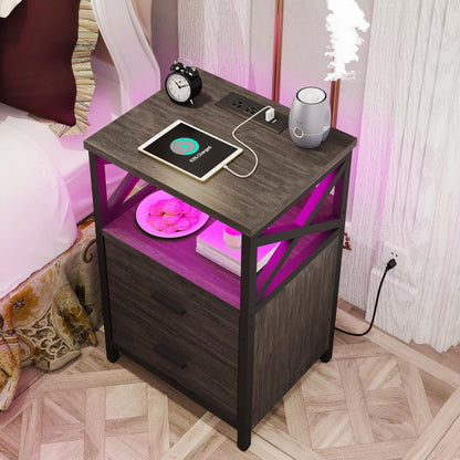 HDDDZSW LED Nightstand with Charging Station, Side Table with USB Ports and Outlets, End Table for Small Spaces, Grey Bedside Tables with Fabric-Wood 2-in-1 Drawer for Bedroom, Living Room, O - WoodArtSupply