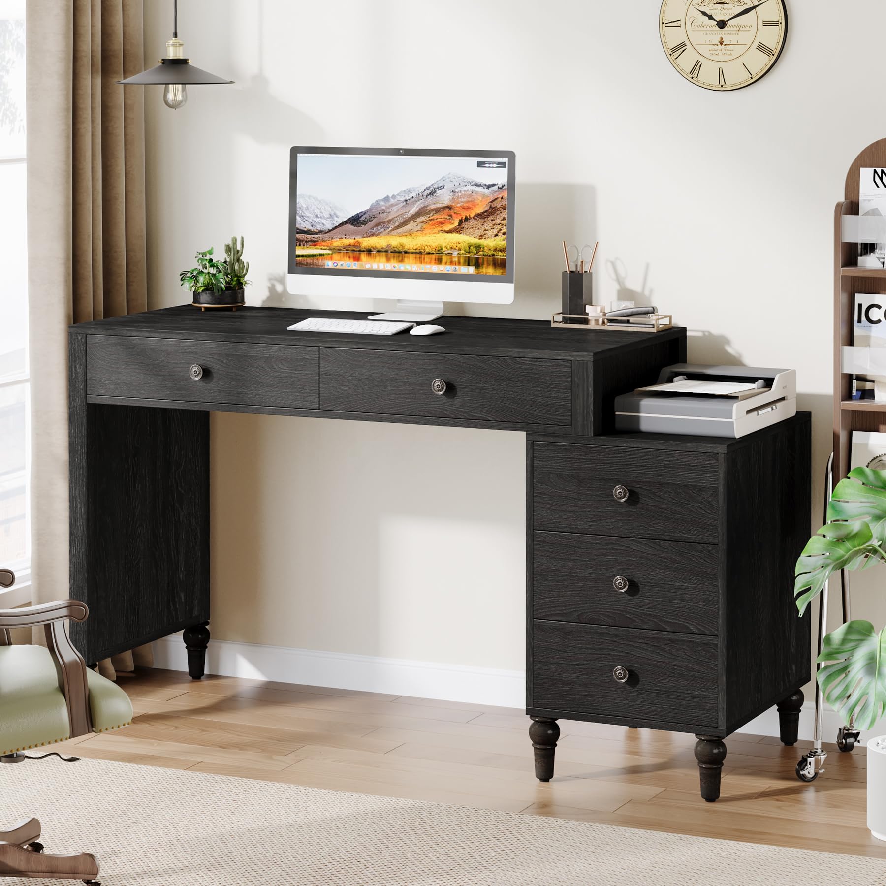 Tribesigns Computer Desk with 5 Drawers, Wood Home Office Desk with Reversible File Drawers and Printer Stand, Black Writing Desk, Study Table Workstation for Small Spaces - WoodArtSupply