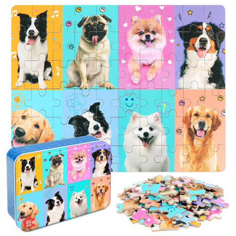 LELEMON Puzzles for Kids Ages 4-6,Dog 60 Piece Puzzles for Kids Ages 4-8,Children Jigsaw Puzzles Kids Puzzles in a Metal Box,Educational Learning Puzzle Toys for Girls and Boys LELEMON