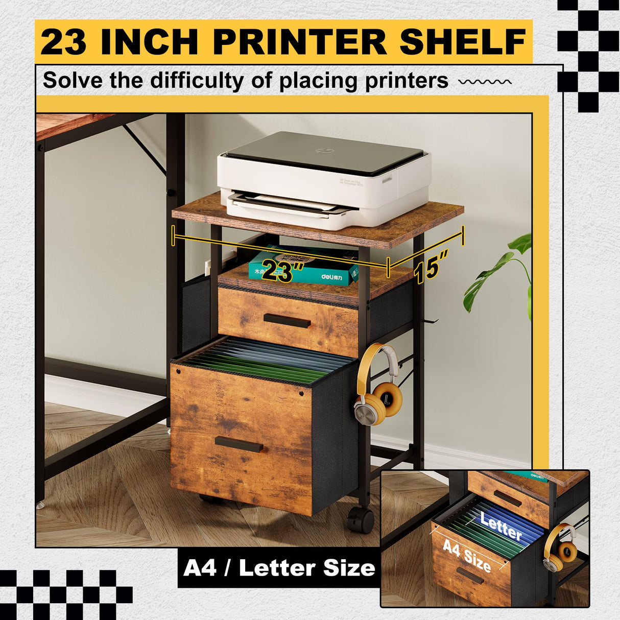 NASHZEN File Cabinet Printer Stand, Mobile Filing Cabinet with 2 Storage Drawers, for Hanging A4, Letter Size File Folders, Open Shelf with Storage Bag and Hooks Home Office, Rustic Brown NASHZEN