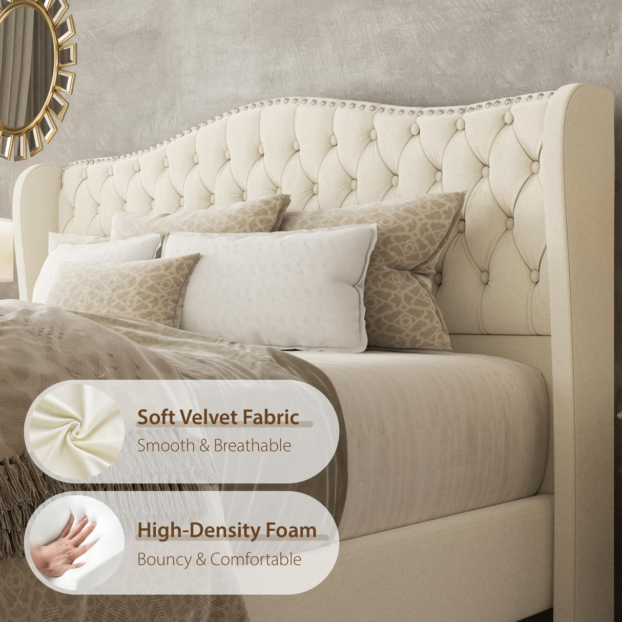 SwnftWinnt King Size Bed Frame with Tall Headboard Upholstered Bed Frame King Platform Bed Luxury Wingback Headback No Box Spring Needed, Mattress Foundation, Easy Assembly-Beige SwnftWinnt