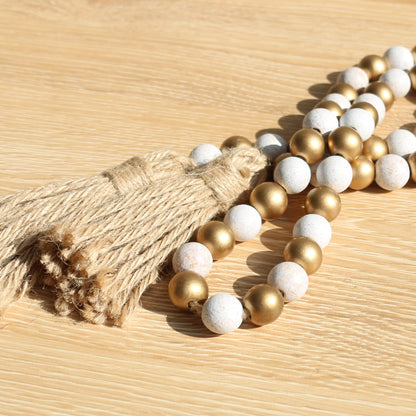 Meplait Wood Bead Garland,39in Farmhouse Beads with Tassels Boho Beads for Tiered Tray Decorative Beads Home Decor（Gold & Wash White）