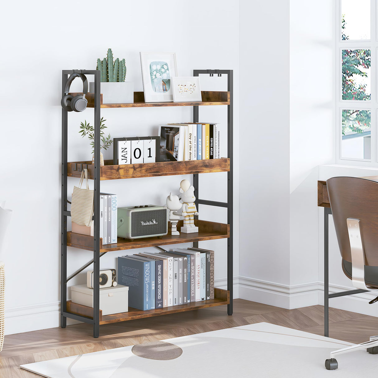 HCHQHS 4 Tier Bookshelf, Adjustable Industrial Bookcase, Vertical Tall Book Shelf, Wood and Black Metal Open Bookshelves for Home Office, Living Room, Bedroom HCHQHS