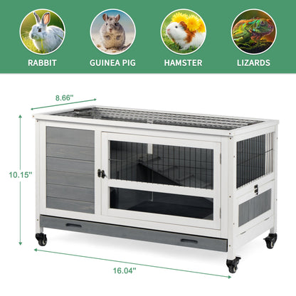 Rabbit Hutch Outdoor Indoor Bunny Cage, Guinea Pig Cages with Wheel & Plastic Tray, Wooden Pet House