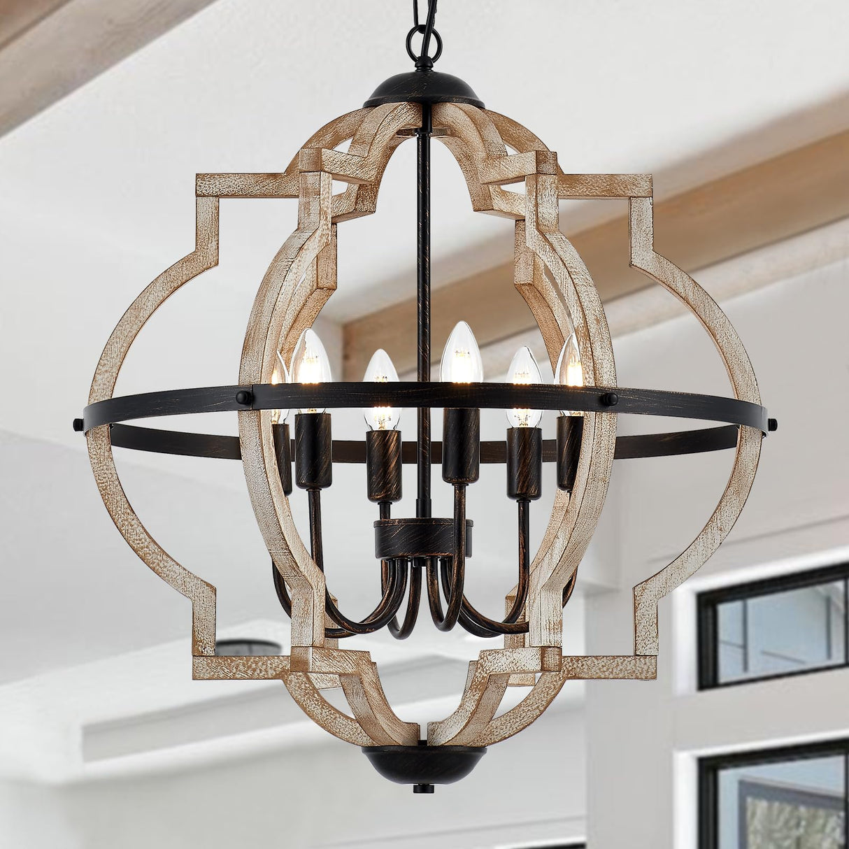TACDANDM Farmhouse Chandelier for Dining Room Vintage Rustic Oak Distressed White 23'' 6-Light Wood Pendant Lighting Globe Hanging Ceiling Light Fixtures for Entryway Foyer Kitchen Living Room TACDANDM