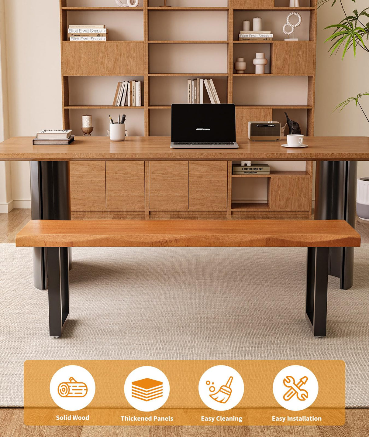 FKCSV Modern Rustic Solid Wood Bench with Black Metal Legs, Industrial Farmhouse Style, Natural Wood Finish FKCSV